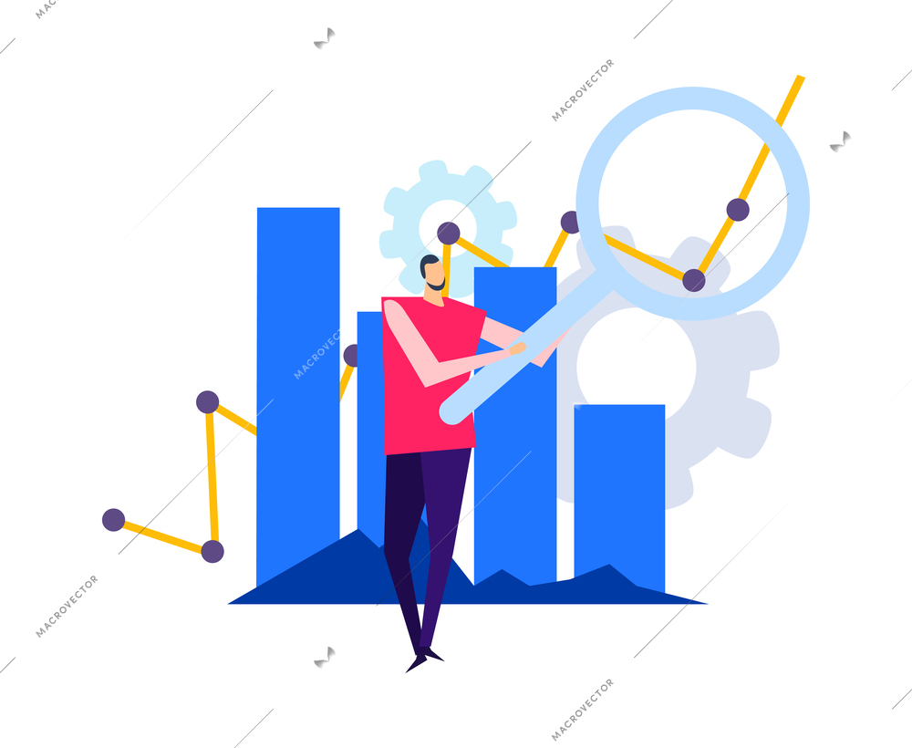 Business analytics composition with flat doodle style human characters radial bar charts gear icons and gadgets vector illustration