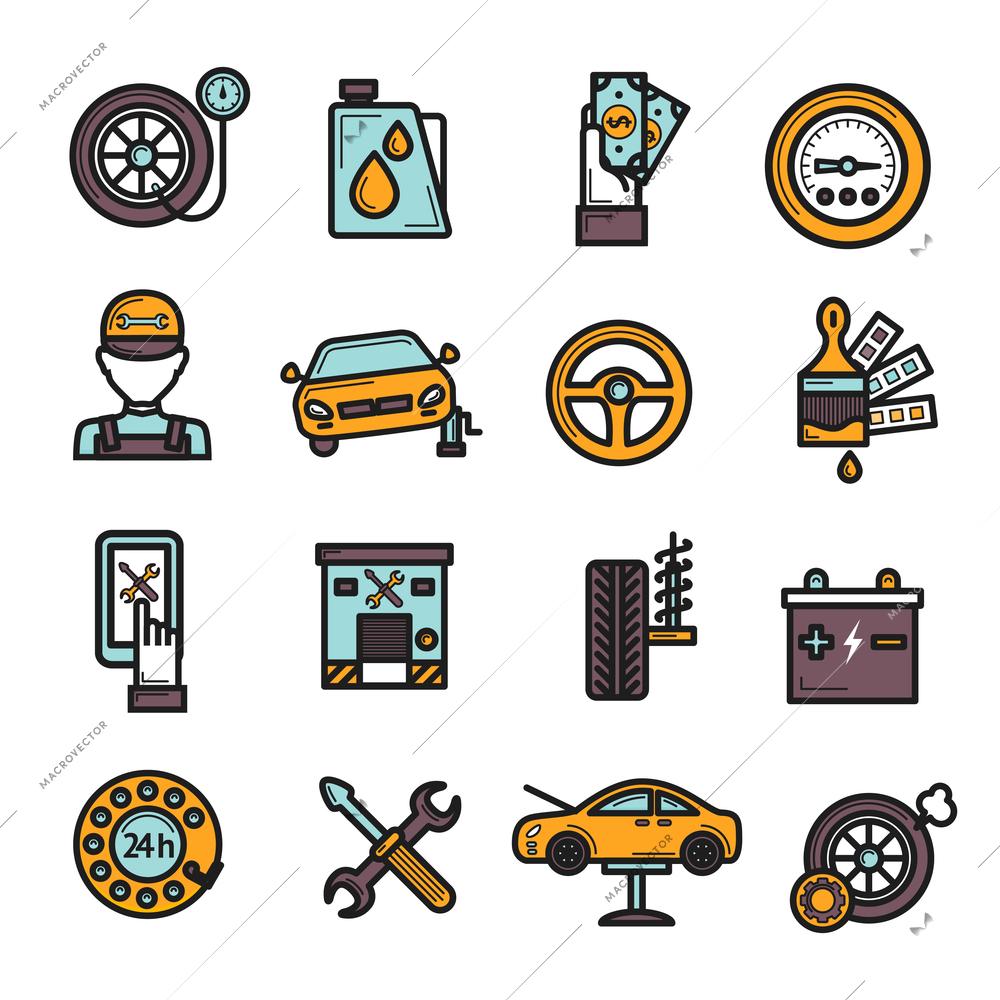 Auto service icon set with tire engine battery repair isolated vector illustration