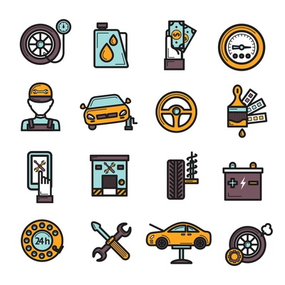 Auto service icon set with tire engine battery repair isolated vector illustration