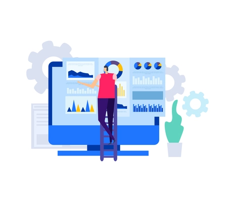 Business analytics composition with flat doodle style human characters radial bar charts gear icons and gadgets vector illustration