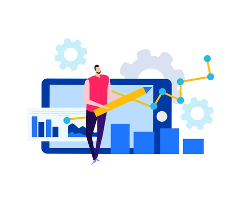 Business analytics composition with flat doodle style human characters radial bar charts gear icons and gadgets vector illustration