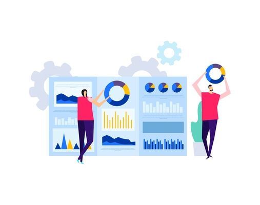 Business analytics composition with flat doodle style human characters radial bar charts gear icons and gadgets vector illustration