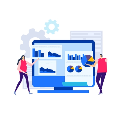 Business analytics composition with flat doodle style human characters radial bar charts gear icons and gadgets vector illustration