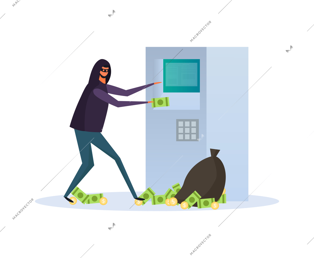 Cyber security composition with doodle character of hacker breaching electronic devices data protection vector illustration