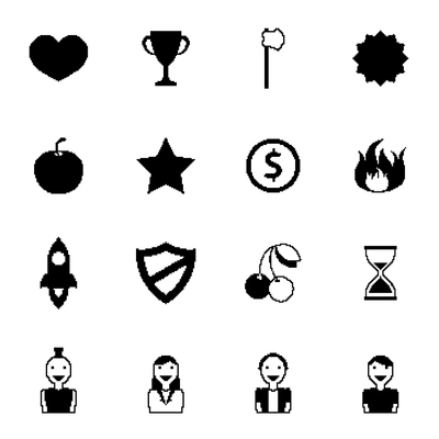 Retro 8 bit games icons black set with pixel people weapon and awards isolated vector illustration