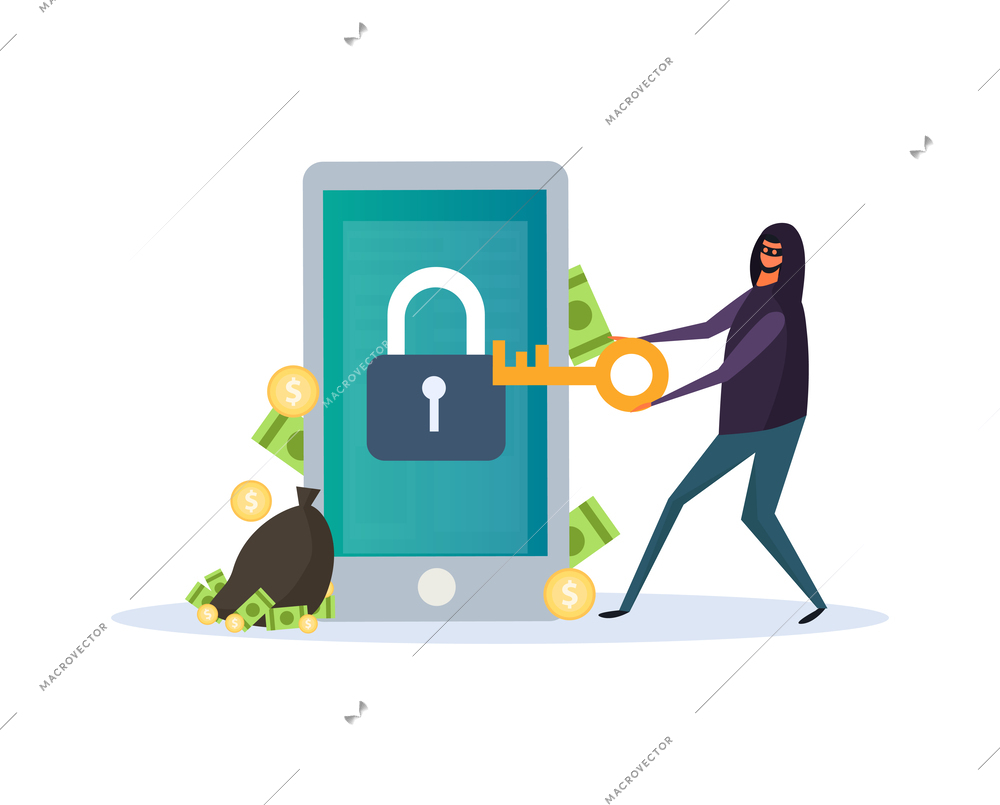 Cyber security composition with doodle character of hacker breaching electronic devices data protection vector illustration