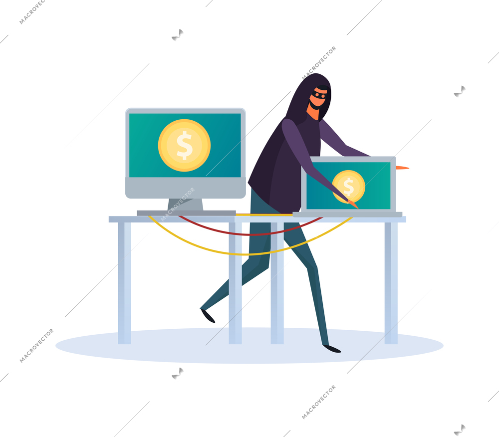 Cyber security composition with doodle character of hacker breaching electronic devices data protection vector illustration