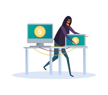 Cyber security composition with doodle character of hacker breaching electronic devices data protection vector illustration