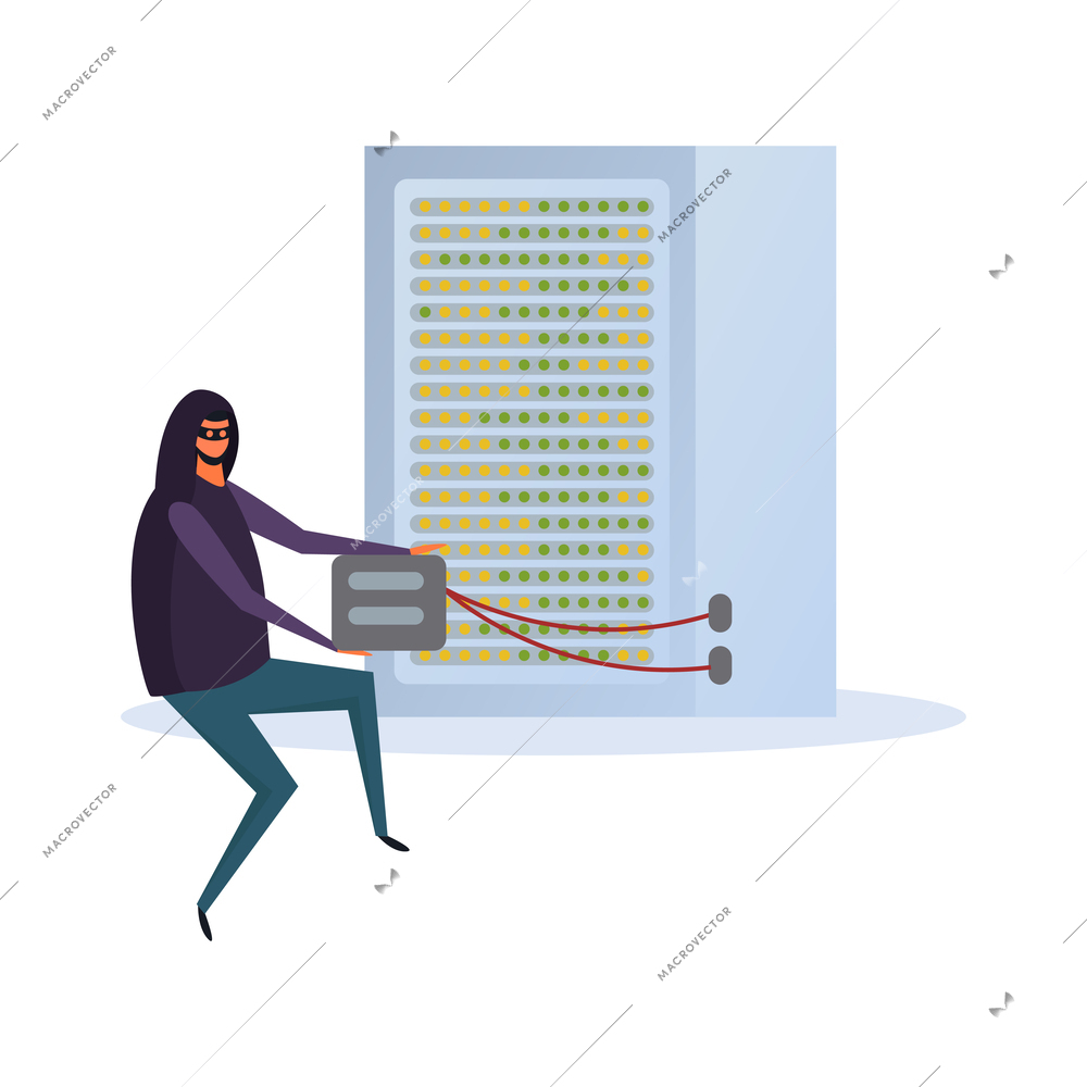 Cyber security composition with doodle character of hacker breaching electronic devices data protection vector illustration