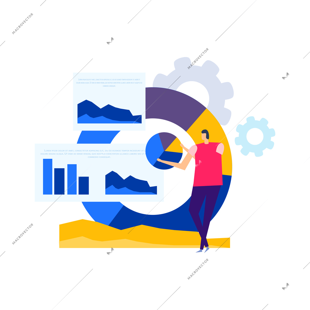 Business analytics composition with flat doodle style human characters radial bar charts gear icons and gadgets vector illustration