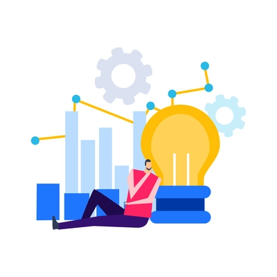 Business analytics composition with flat doodle style human characters radial bar charts gear icons and gadgets vector illustration