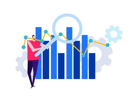 Business analytics composition with flat doodle style human characters radial bar charts gear icons and gadgets vector illustration