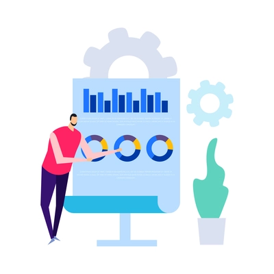 Business analytics composition with flat doodle style human characters radial bar charts gear icons and gadgets vector illustration