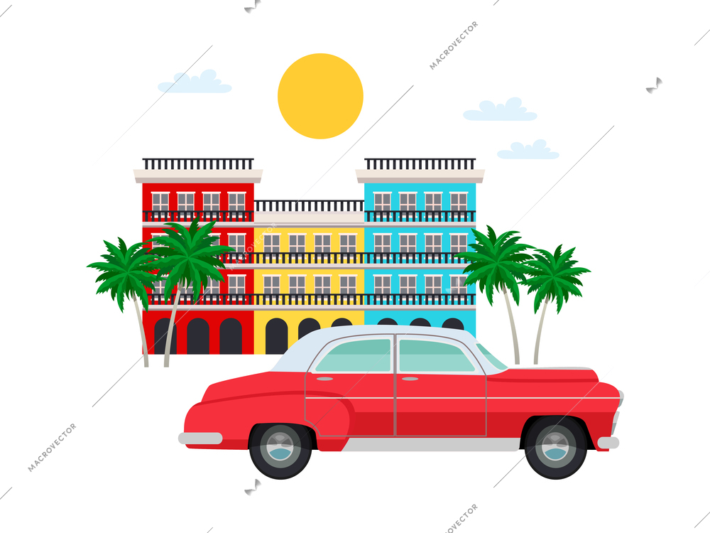 Cuba travel composition of flat images with cuban street landmarks vector illustration