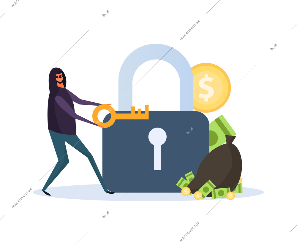 Cyber security composition with doodle character of hacker breaching electronic devices data protection vector illustration