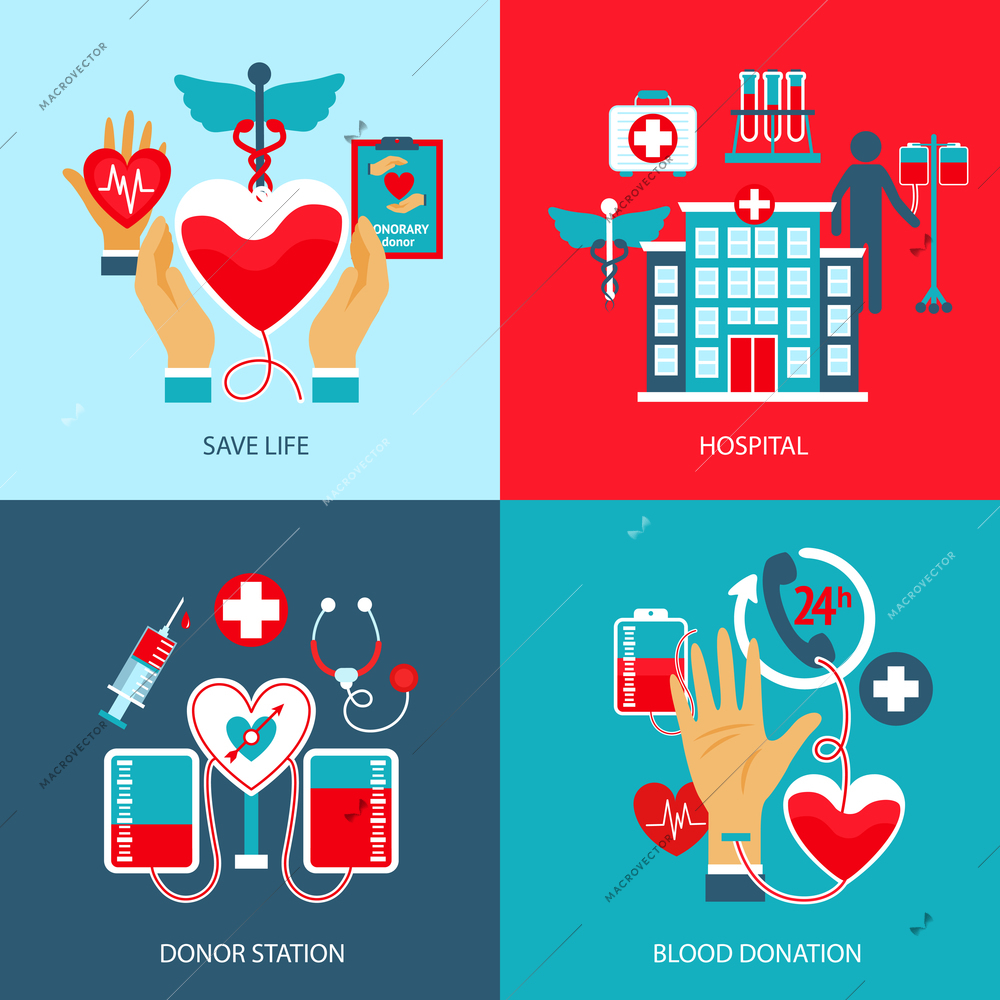 Donor design concept set with life save hospital blood station donation flat icons isolated vector illustration