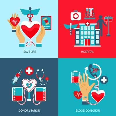 Donor design concept set with life save hospital blood station donation flat icons isolated vector illustration