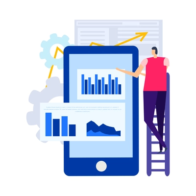 Business analytics composition with flat doodle style human characters radial bar charts gear icons and gadgets vector illustration