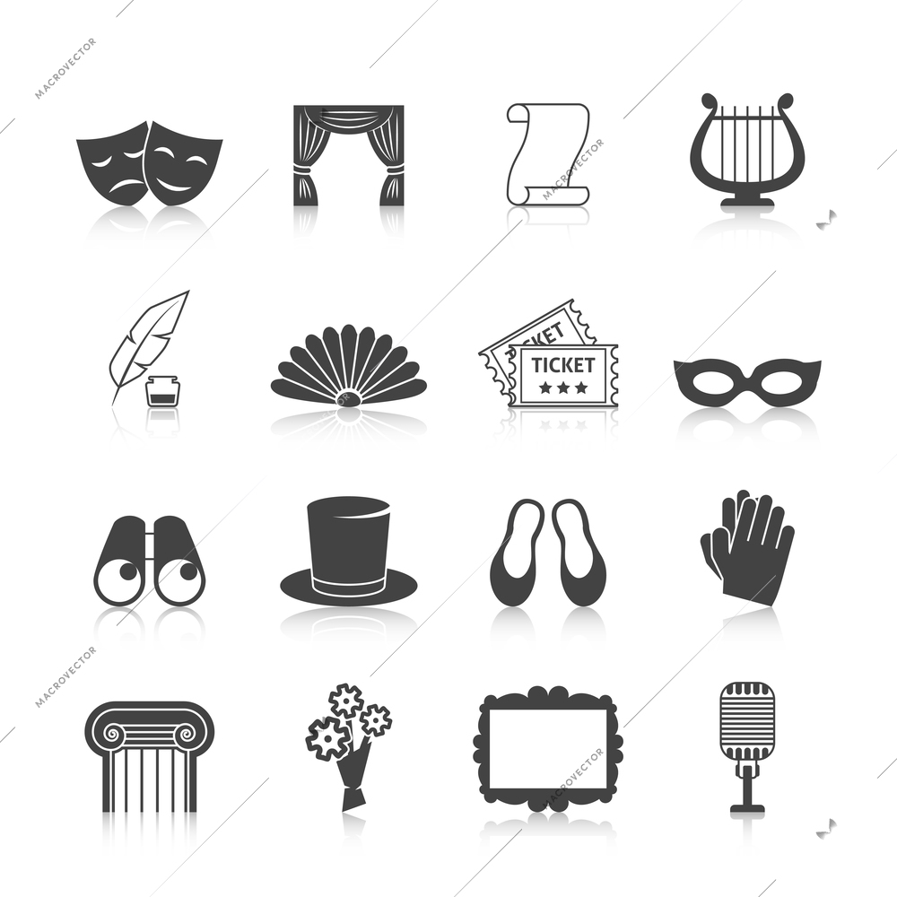 Theatre icon set black with mask curtain scroll harp isolated vector illustration