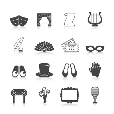 Theatre icon set black with mask curtain scroll harp isolated vector illustration