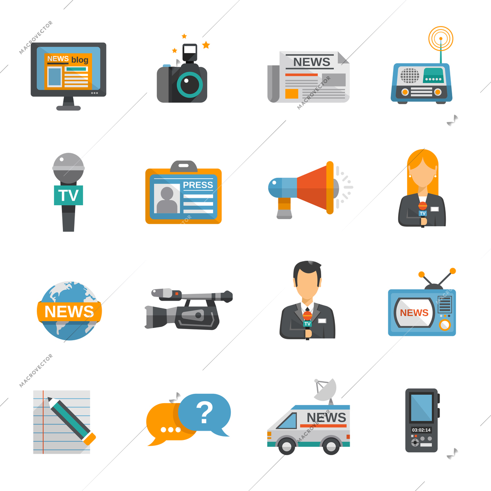 Journalist icon flat set with camera microphone tv van isolated vector illustration