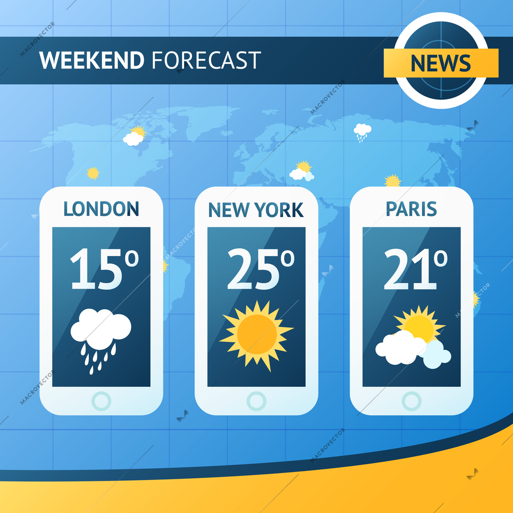 Weather forecast background with mobile meteorology application widgets vector illustration