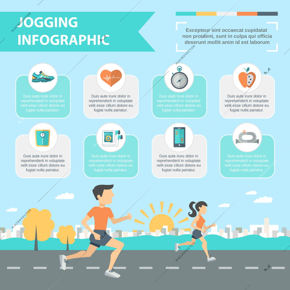 Jogging and running infographics set with people running outdoor vector illustration