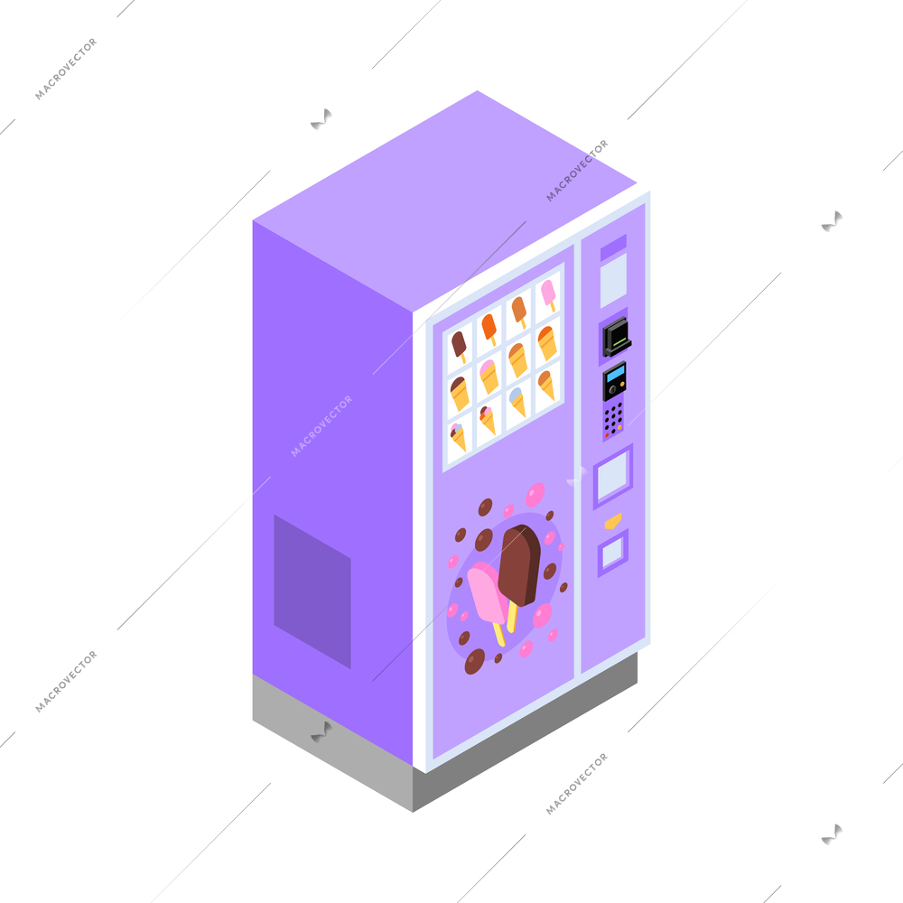 Vending machines isometric composition with isolated image of automated apparatus on blank background vector illustration