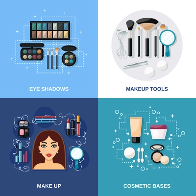 Makeup design concept set with eye shadows cosmetic bases and tools flat icons isolated vector illustration