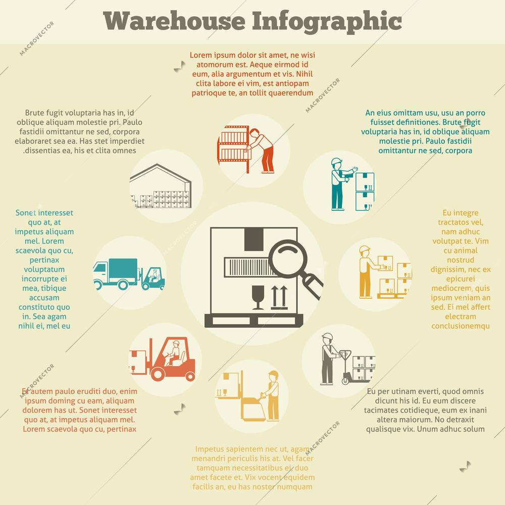 Warehouse infographics set with delivery stock searching shipping and transportation symbols vector illustration