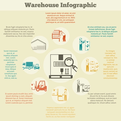 Warehouse infographics set with delivery stock searching shipping and transportation symbols vector illustration