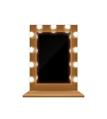 Makeup mirror realistic composition with isolated front view of studio glass with glowing lamps vector illustration