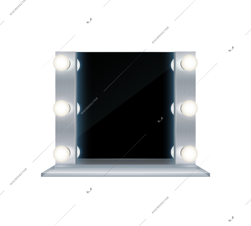 Makeup mirror realistic composition with isolated front view of studio glass with glowing lamps vector illustration