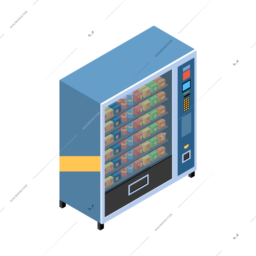 Vending machines isometric composition with isolated image of automated apparatus on blank background vector illustration
