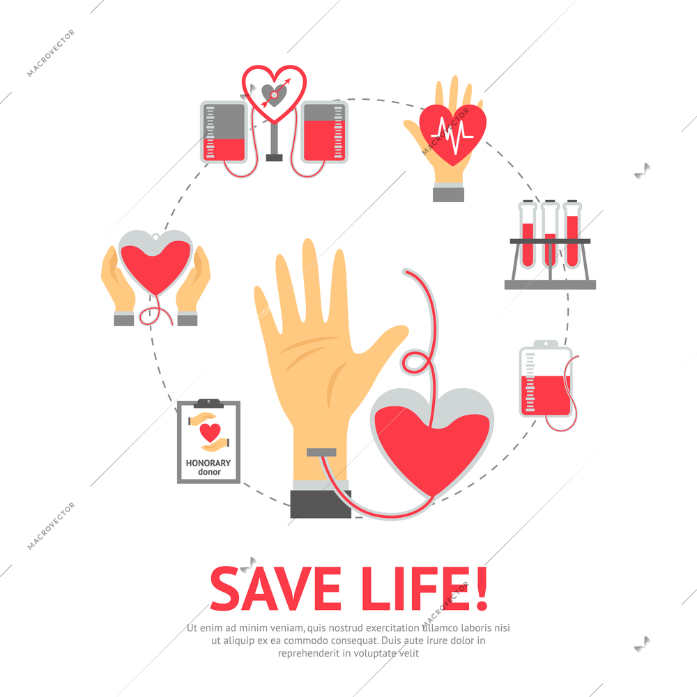Donor flat concept with blood donation and transfusion process icons set vector illustration