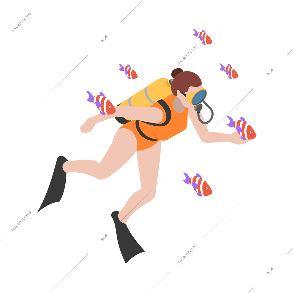 Scuba diving snorkelling isometric composition with isolated human character floating under water vector illustration