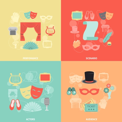 Theatre design concept set with performance actors scenario audience flat icons isolated vector illustration