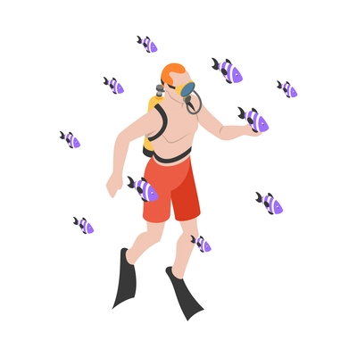 Scuba diving snorkelling isometric composition with isolated human character floating under water vector illustration