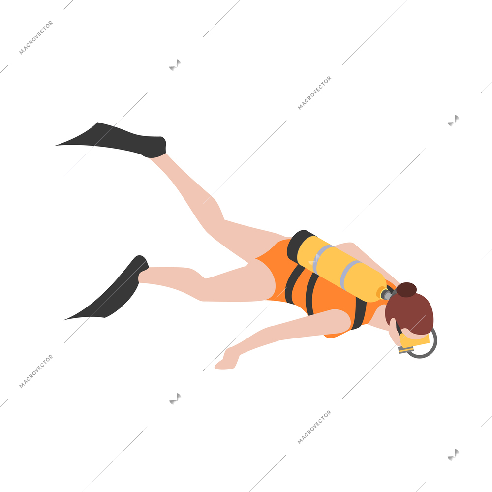 Scuba diving snorkelling isometric composition with isolated human character floating under water vector illustration