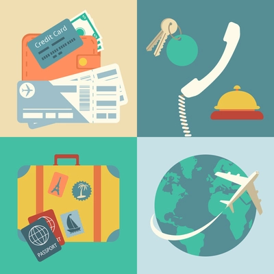 Vacation travel infographics icons set with hands of ticket purchase hotel booking and flight vector illustration