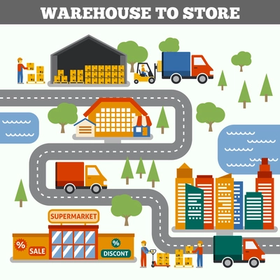 Warehouse to store transportation cargo delivery and logistic concept vector illustration