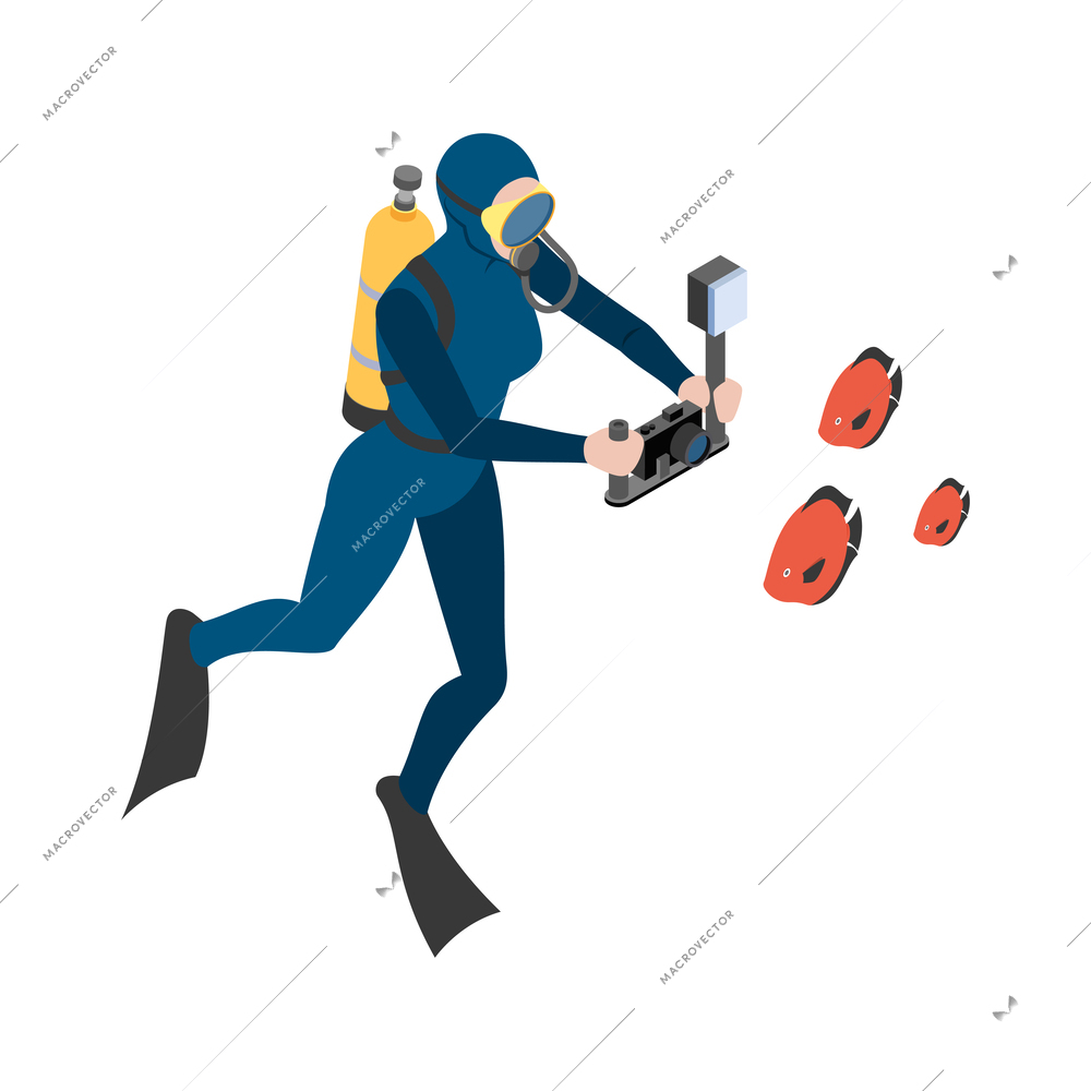 Scuba diving snorkelling isometric composition with isolated human character floating under water vector illustration