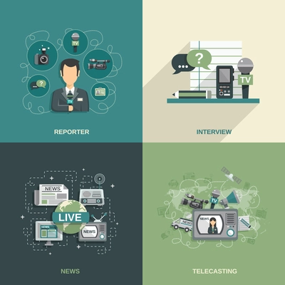 Journalist design concept set with reporter interview news telecasting flat icons isolated vector illustration
