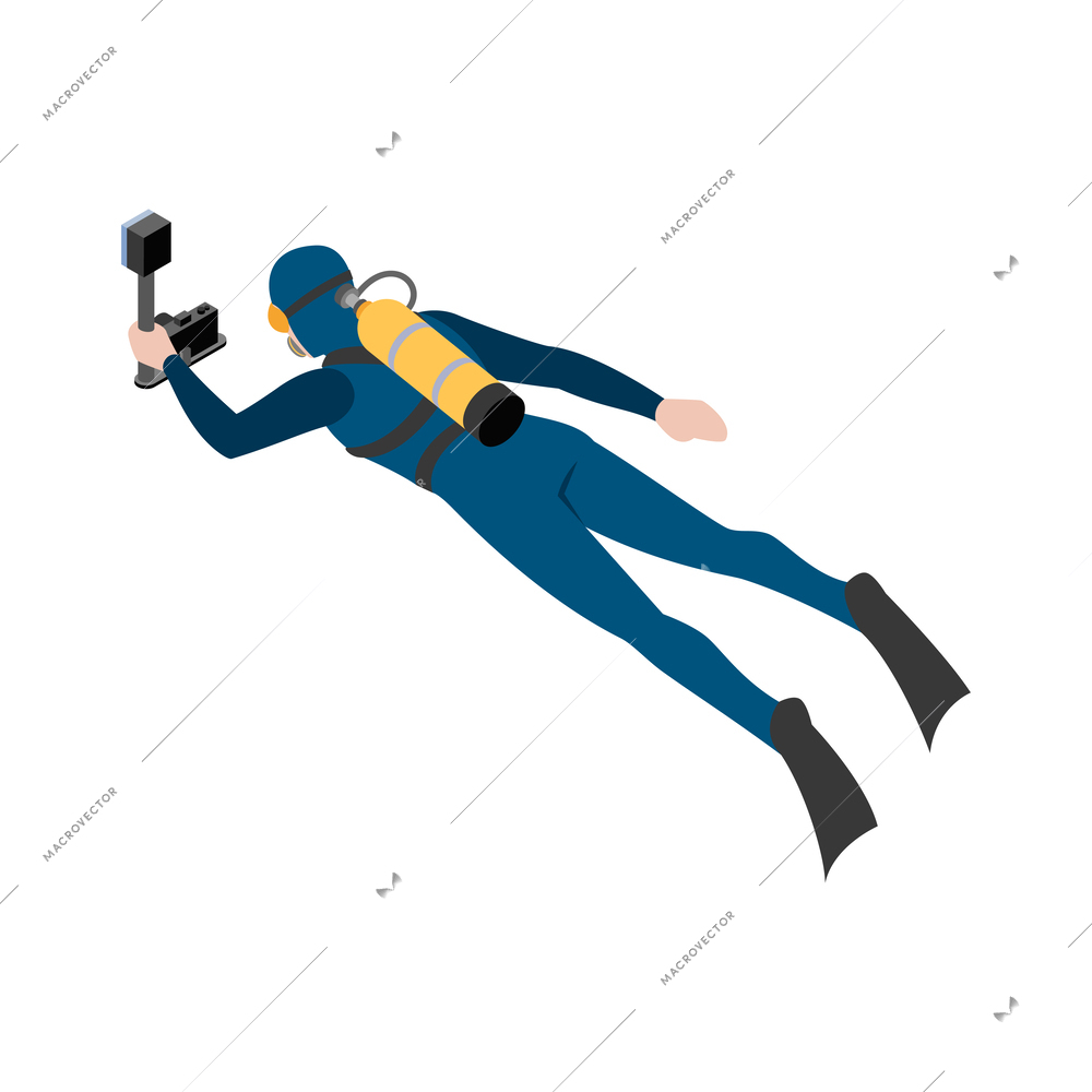 Scuba diving snorkelling isometric composition with isolated human character floating under water vector illustration