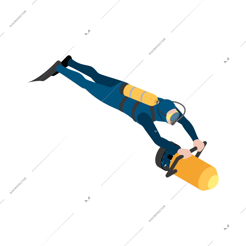 Scuba diving snorkelling isometric composition with isolated human character floating under water vector illustration