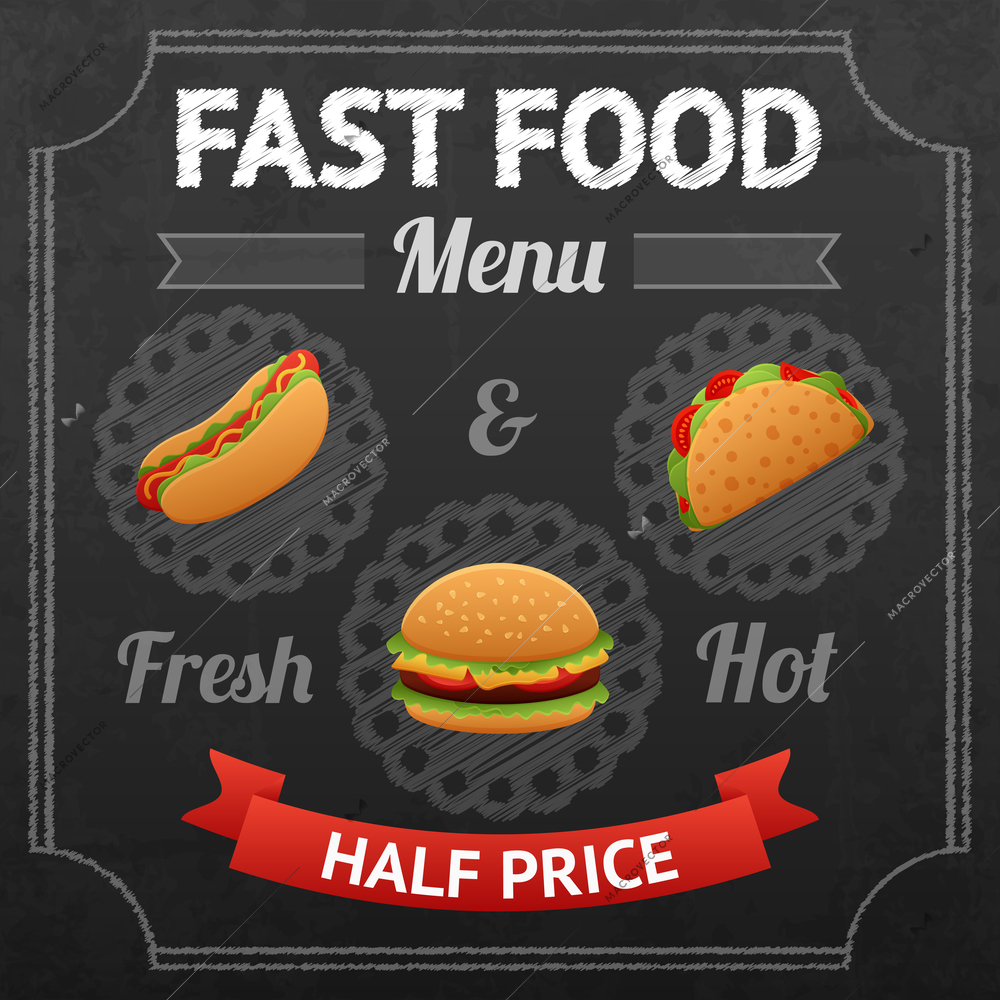 Fast food chalkboard poster with fresh and hot hotdog taco and hamburger vector illustration