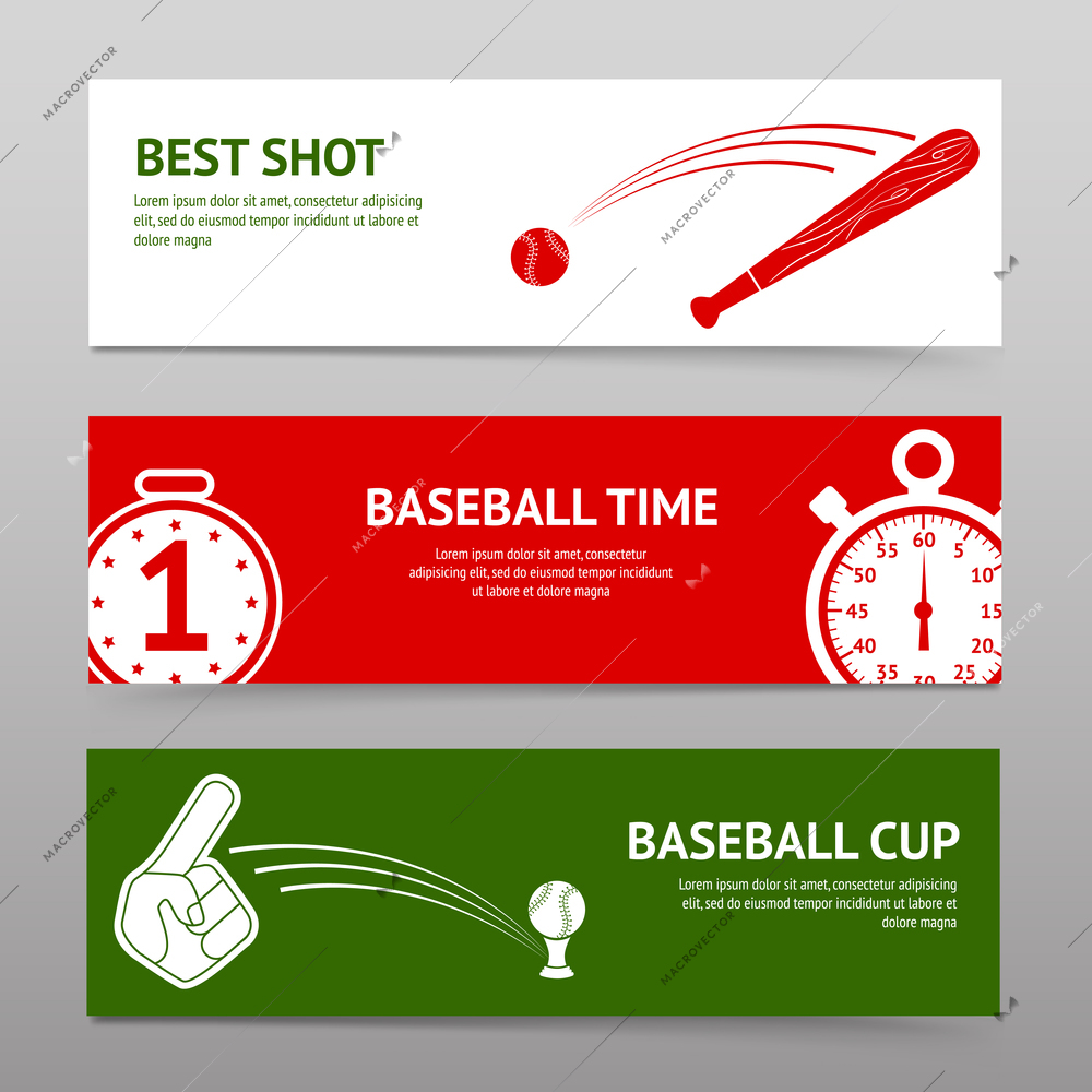 Baseball horizontal banners set with sport cup time shot elements isolated vector illustration