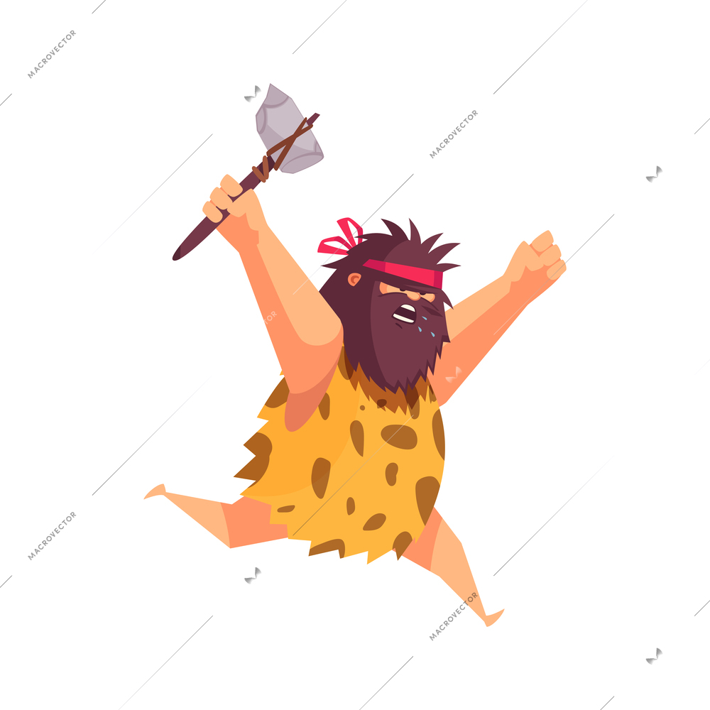 Primitive man caveman composition with cartoon human character of ancient person hunting vector illustration