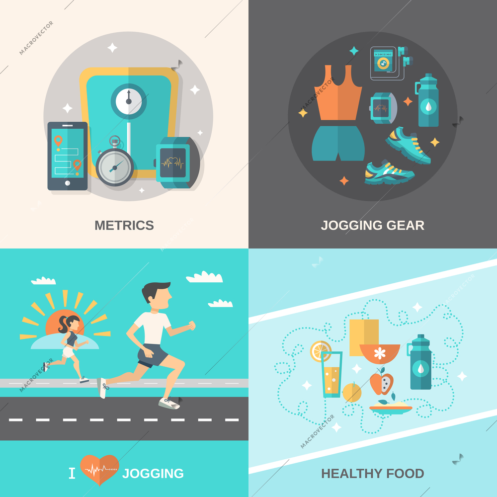 Jogging design concept set with metrics gear healthy food flat icons isolated vector illustration