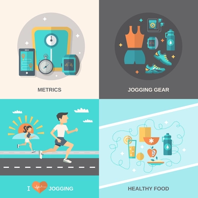 Jogging design concept set with metrics gear healthy food flat icons isolated vector illustration